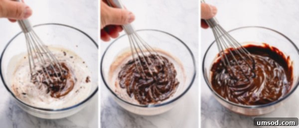 A bowl of chocolate ganache that has just been whisked into a smooth emulsion.