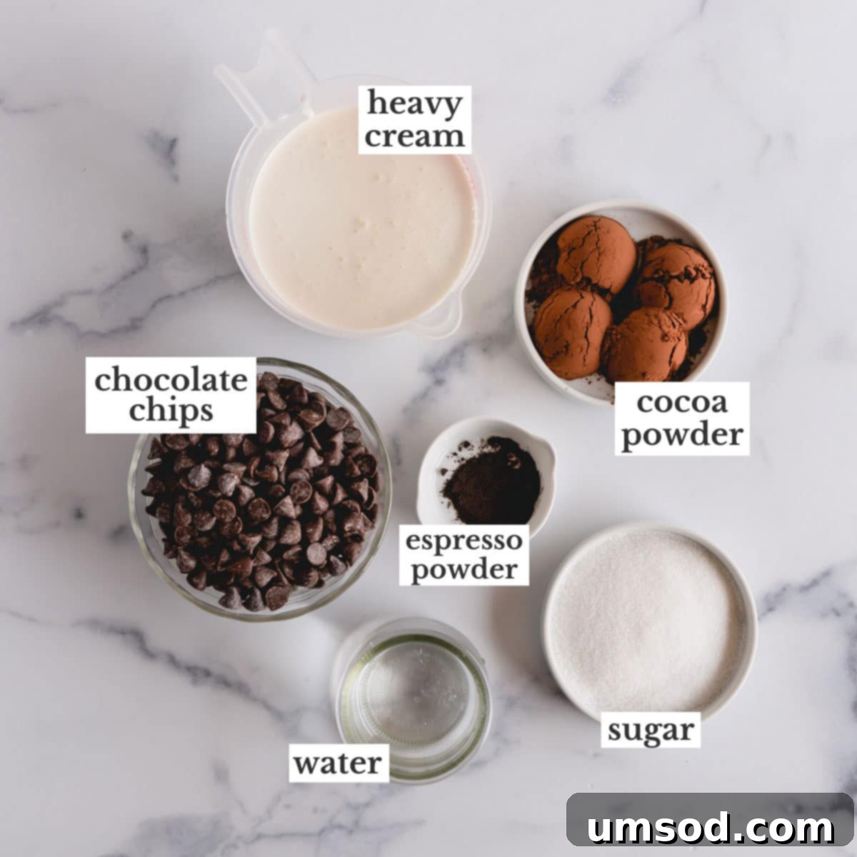 Decadent Chocolate Mousse 3 A selection of chocolate mousse filling ingredients including chocolate chips, cocoa powder, espresso powder, sugar, and heavy cream.