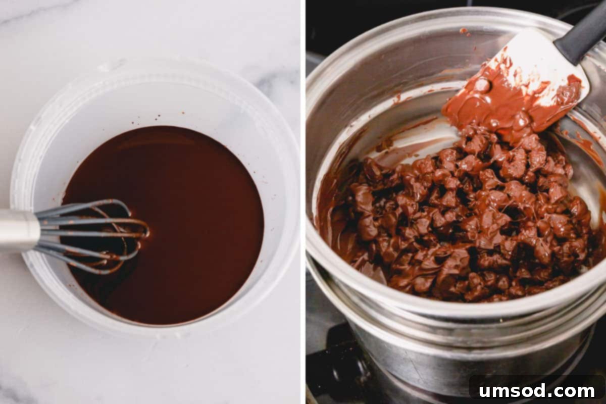 Decadent Chocolate Mousse 4 Left image shows cocoa powder and espresso dissolving in hot water, right image shows perfectly melted chocolate chips in a bowl over a double boiler.