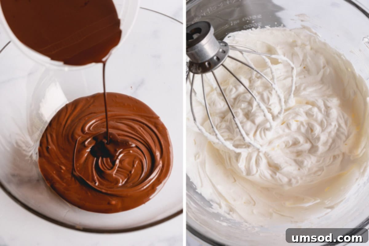 Decadent Chocolate Mousse 5 Left image shows the cocoa mixture being stirred into melted chocolate. Right image shows stiff peaks of whipped cream in a mixing bowl.