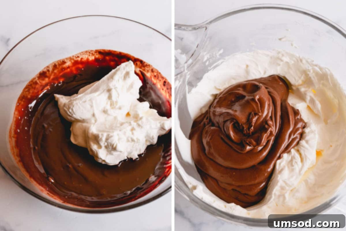 Decadent Chocolate Mousse 6 Left image shows one-third of whipped cream folded into the chocolate mixture. Right image shows the final smooth and uniform chocolate mousse.