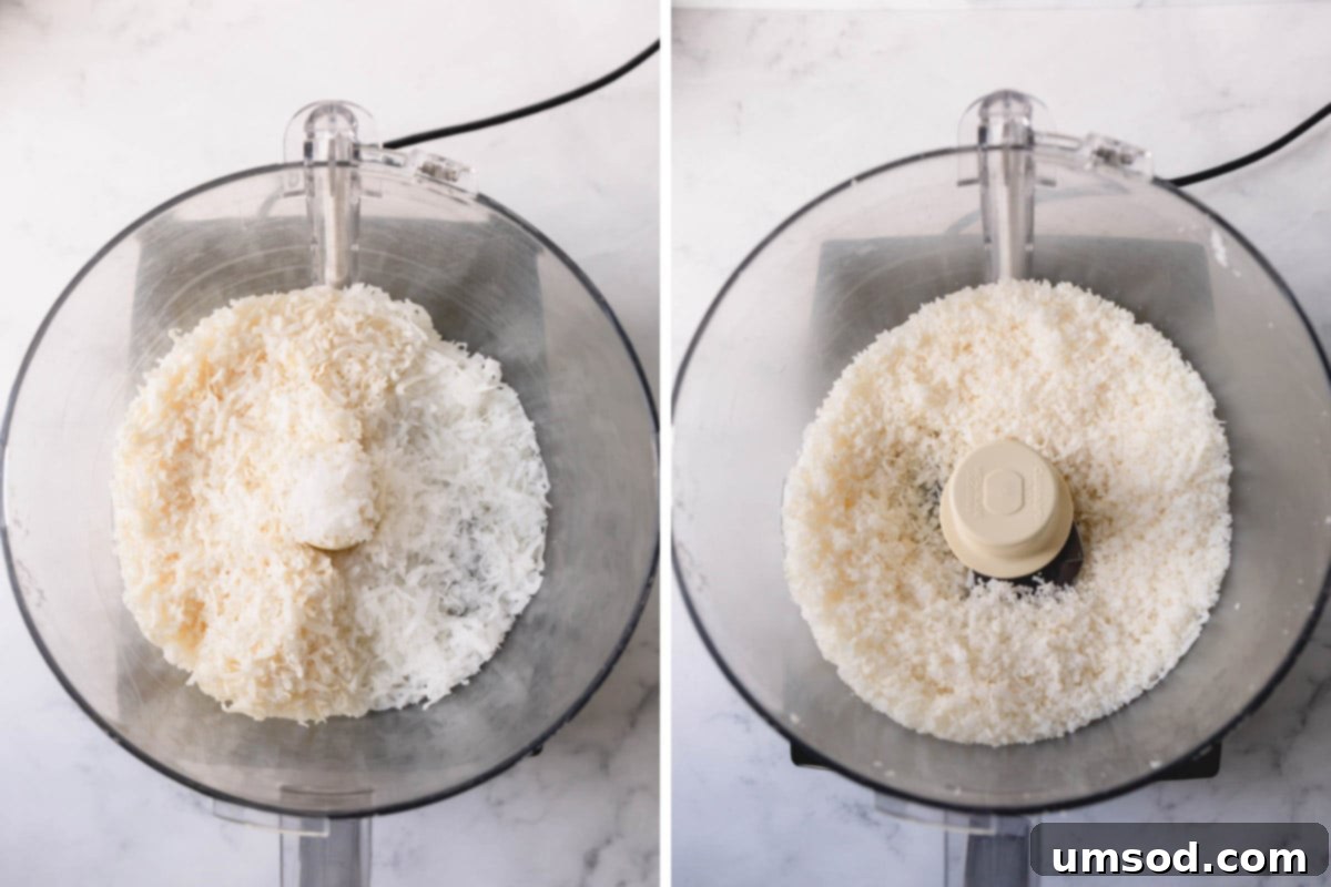 Close-up of dried coconut flakes being processed in a food processor, showing their transformation into finer, more uniform pieces, resembling coarse flour.