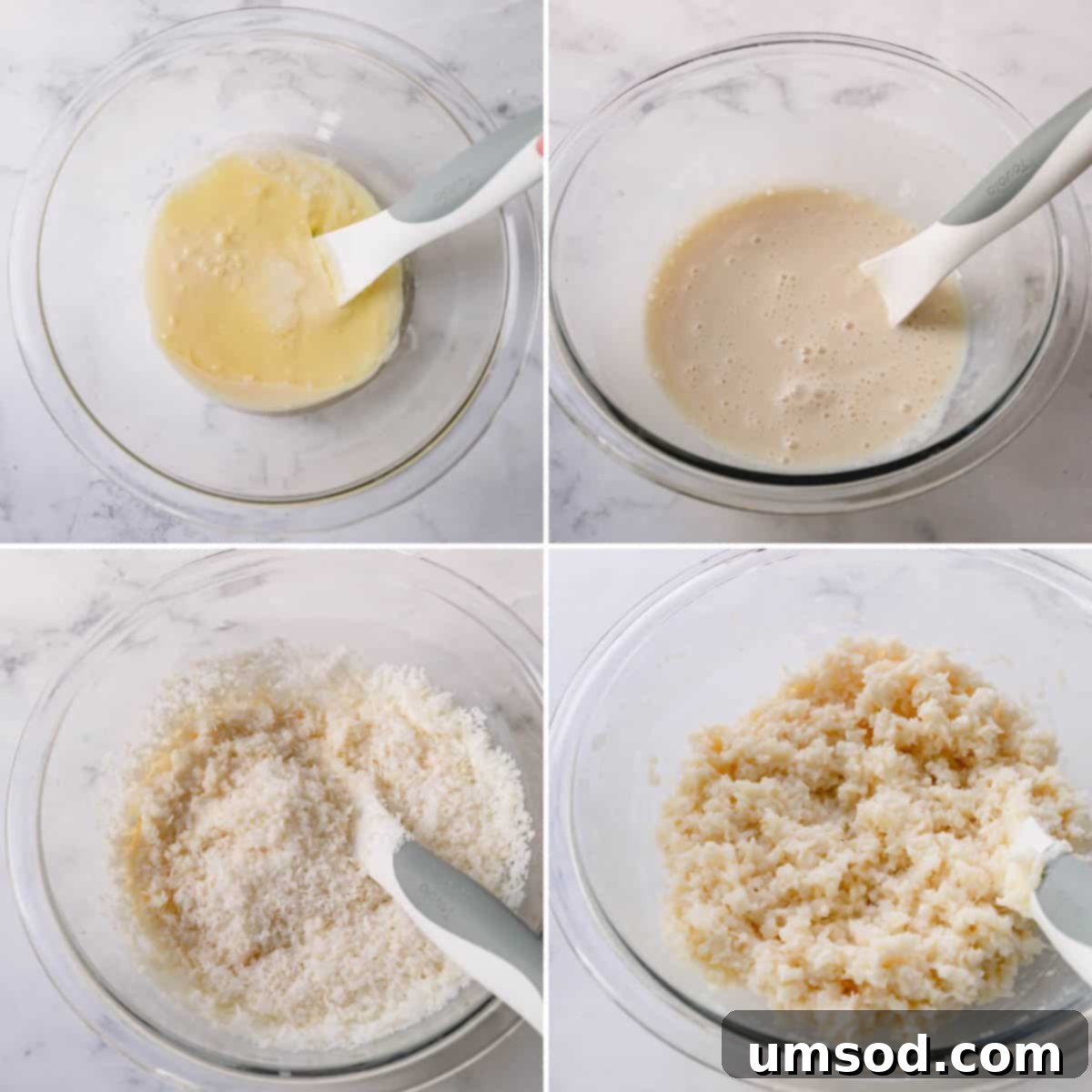 Step-by-step photos illustrating the process of making macaroon batter, from mixing liquid ingredients in a bowl to combining them with the shredded coconut using a spatula.