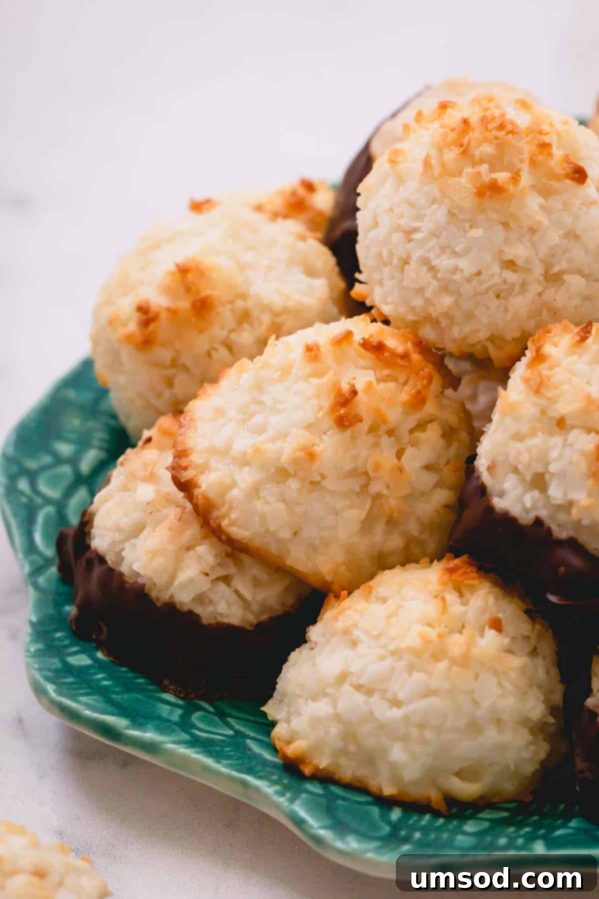 A festive plate showcasing an array of chocolate dipped macaroon cookies, artfully arranged and ready for serving at a gathering.