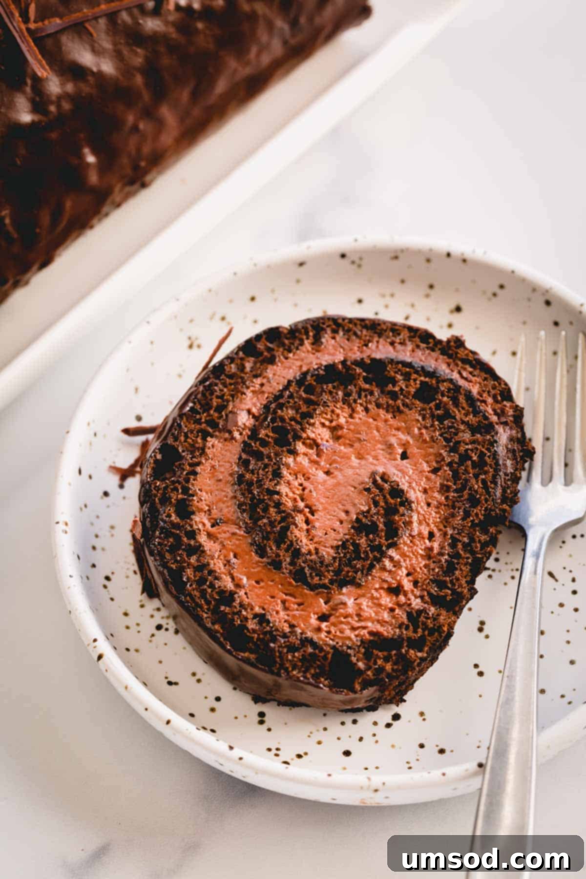 Unapologetically Chocolate Roll Cake 11 A perfectly portioned slice of chocolate roll cake, showcasing its rich layers of sponge and mousse, on a pristine white plate.