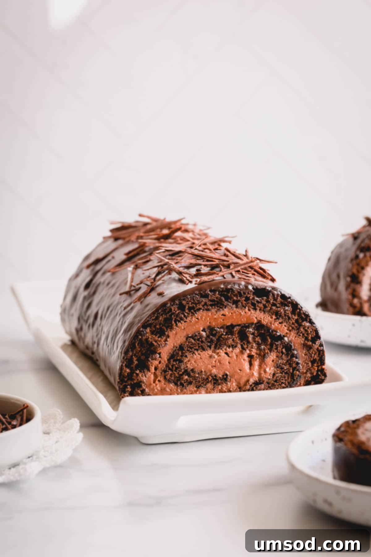 Unapologetically Chocolate Roll Cake 12 A beautifully decorated chocolate Swiss roll presented on a white serving plate.