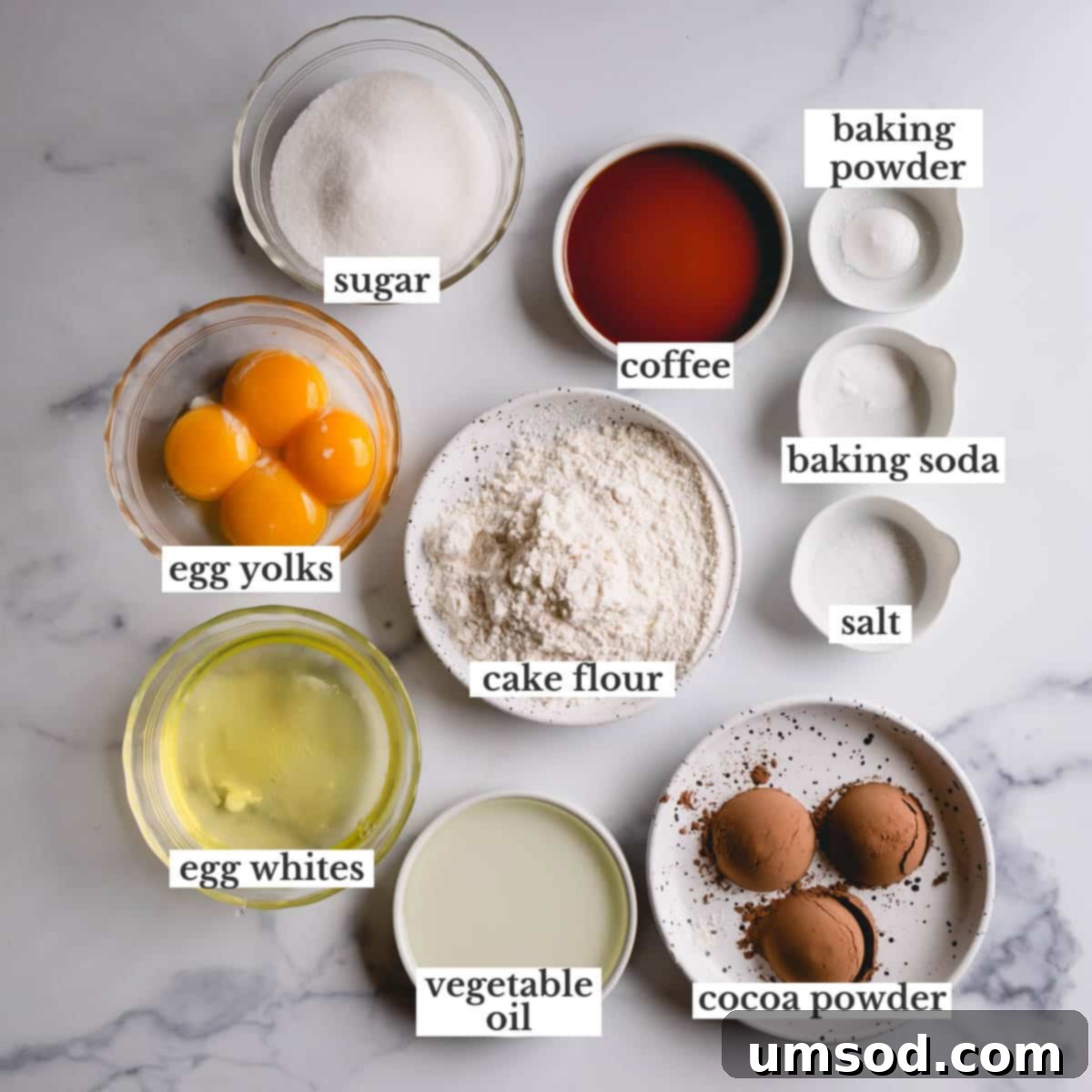 Unapologetically Chocolate Roll Cake 3 A selection of high-quality ingredients laid out for baking a chocolate Swiss roll, emphasizing freshness and quality.