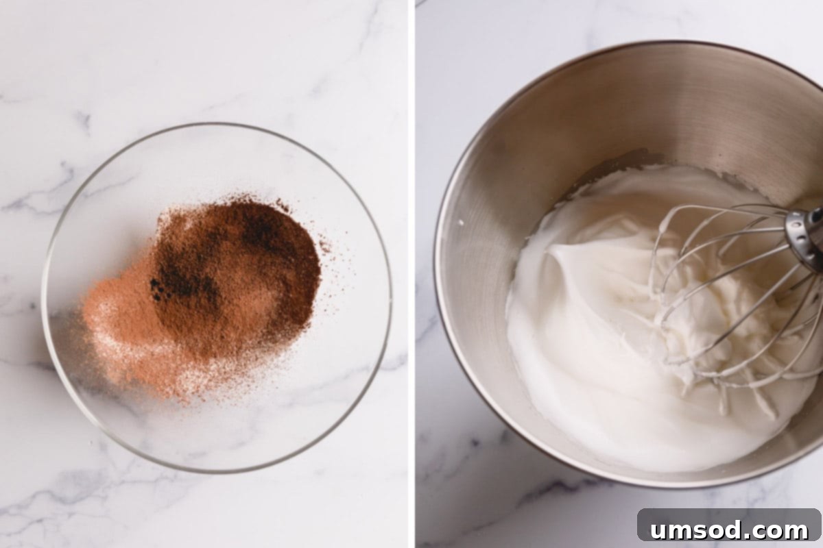 Unapologetically Chocolate Roll Cake 5 A bowl of sifted cocoa powder alongside a bowl of perfectly whipped cream, illustrating key baking stages.