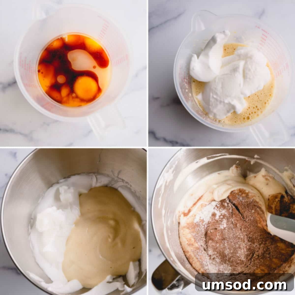 Unapologetically Chocolate Roll Cake 6 Visual steps demonstrating how to combine chocolate sponge cake batter ingredients, showing the mixture developing consistency.