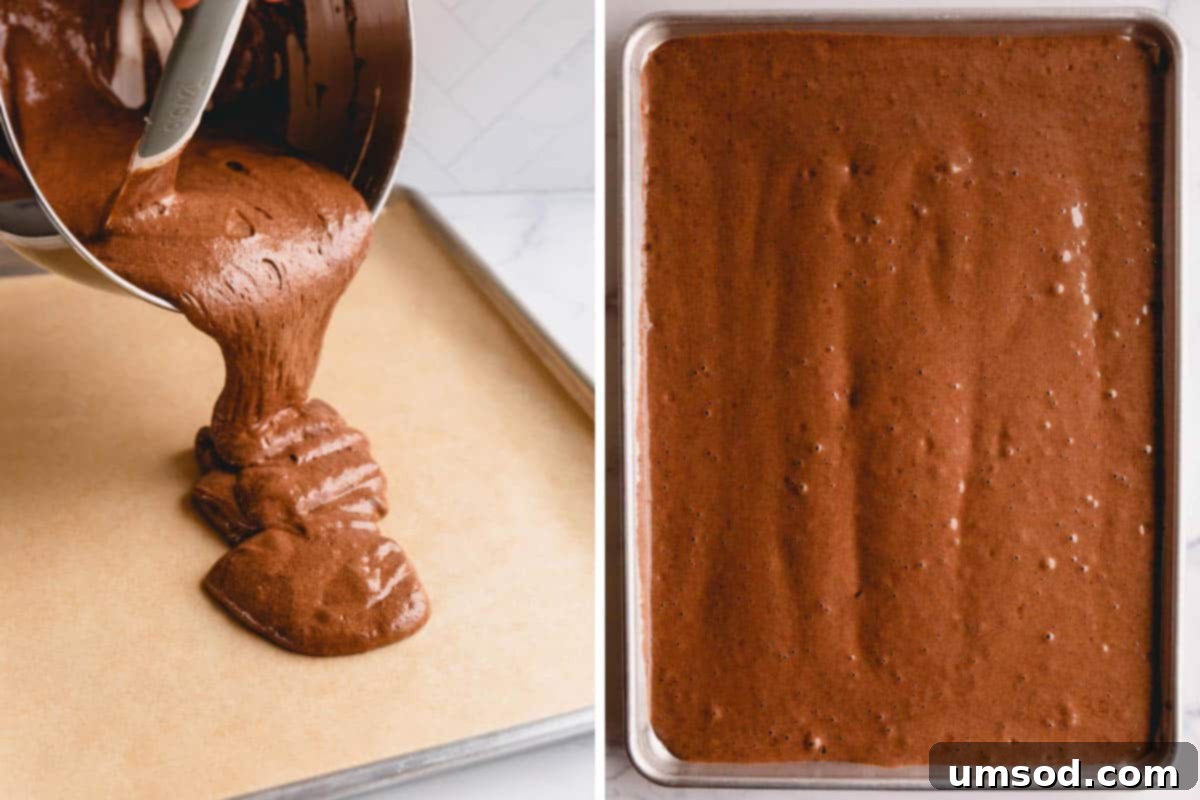 Unapologetically Chocolate Roll Cake 7 Chocolate cake batter being smoothly poured into a parchment-lined baking pan, preparing for the oven.