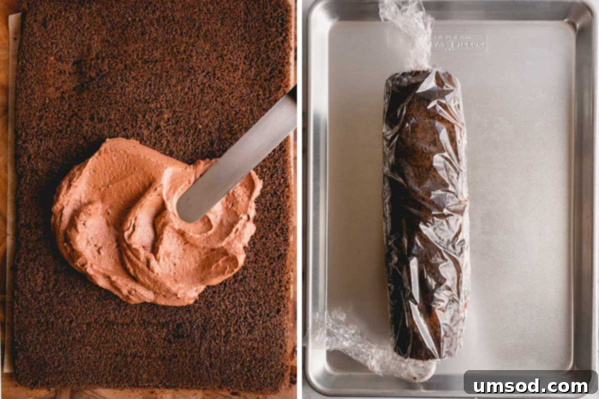Unapologetically Chocolate Roll Cake 8 A chocolate roll cake being carefully filled with mousse, and another image showing the cake tightly wrapped in plastic for chilling.