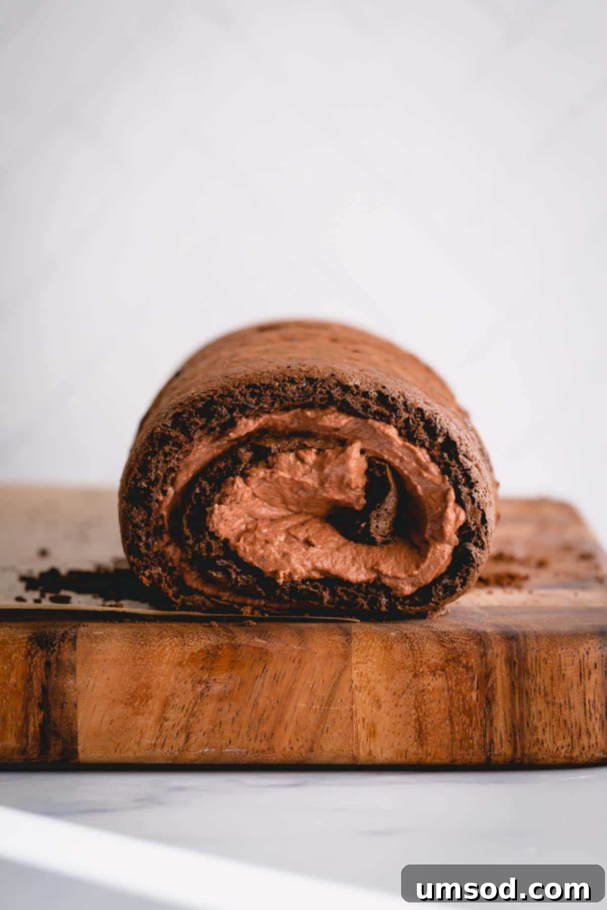 Unapologetically Chocolate Roll Cake 9 The impressive interior of a chocolate roll cake, showcasing the luscious, creamy chocolate mousse spiral.