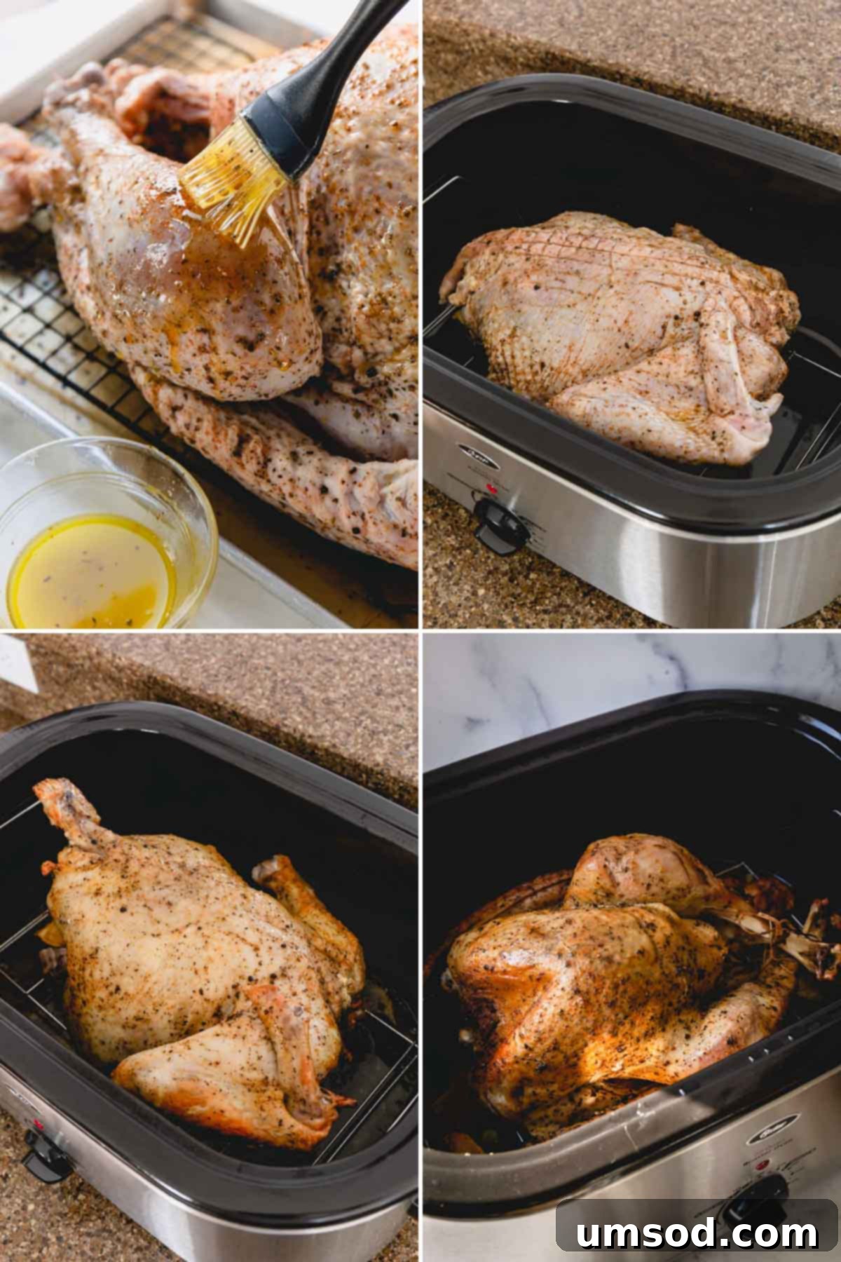 Step-by-step photos of roasting turkey in an electric roaster, showing preparation and flipping.