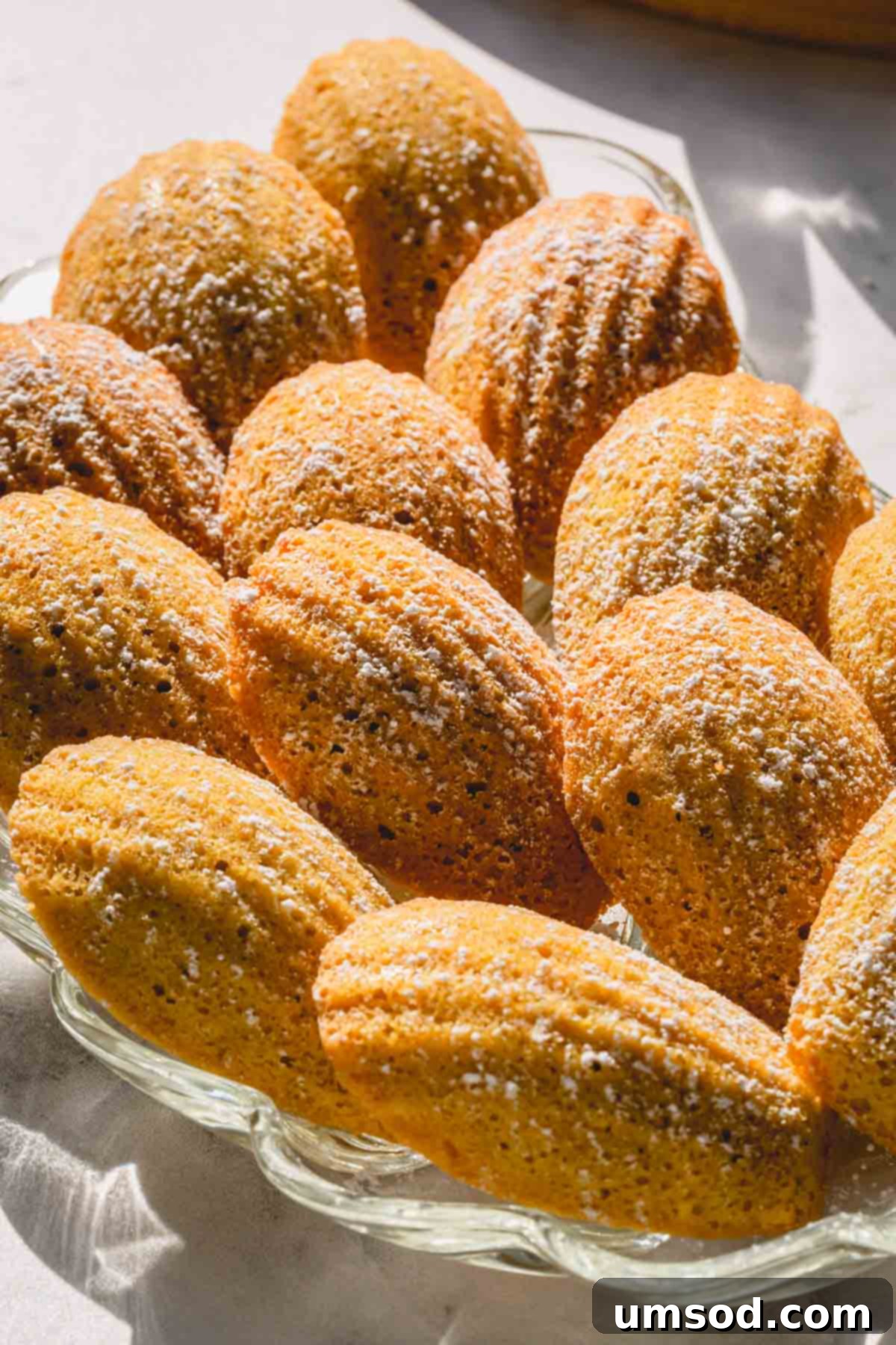 Zesty Bergamot Madeleines 11 A stunning glass platter overflowing with freshly baked Earl Grey Lemon Madeleines, delicately dusted with powdered sugar, ready for serving.