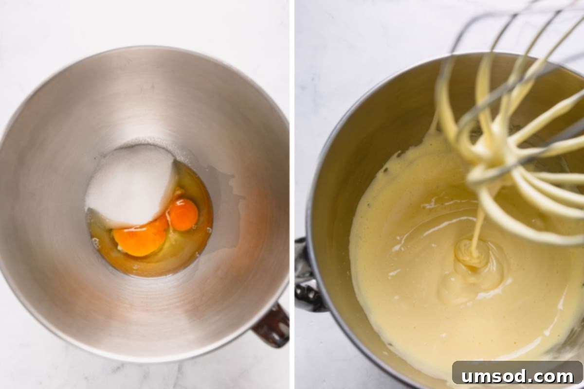 Zesty Bergamot Madeleines 6 Two side-by-side images depicting the transformation: first, eggs and sugar in a bowl; second, the same mixture after being whipped to a thick, pale ribbon stage, ready for the next steps.