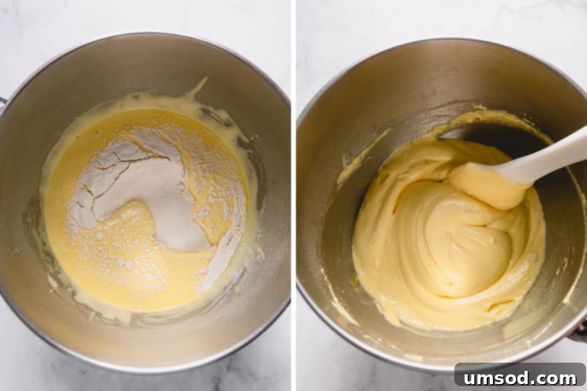 Zesty Bergamot Madeleines 7 A bowl illustrating whipped eggs with a fresh layer of sifted flour on top, poised for the crucial step of gentle folding.