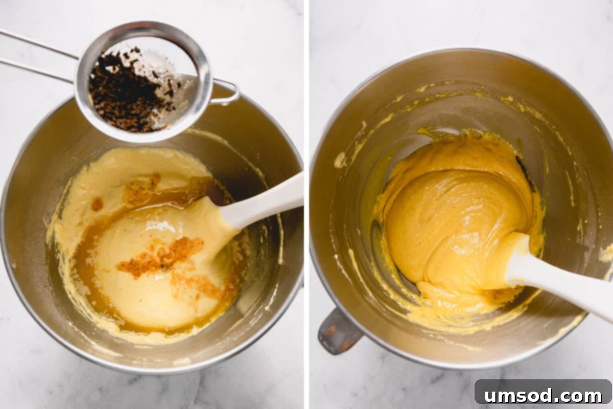 Zesty Bergamot Madeleines 8 Two sequential images illustrating the process: first, straining melted Earl Grey infused butter through a fine-mesh sieve into the madeleine batter; second, gently folding the butter into the batter.