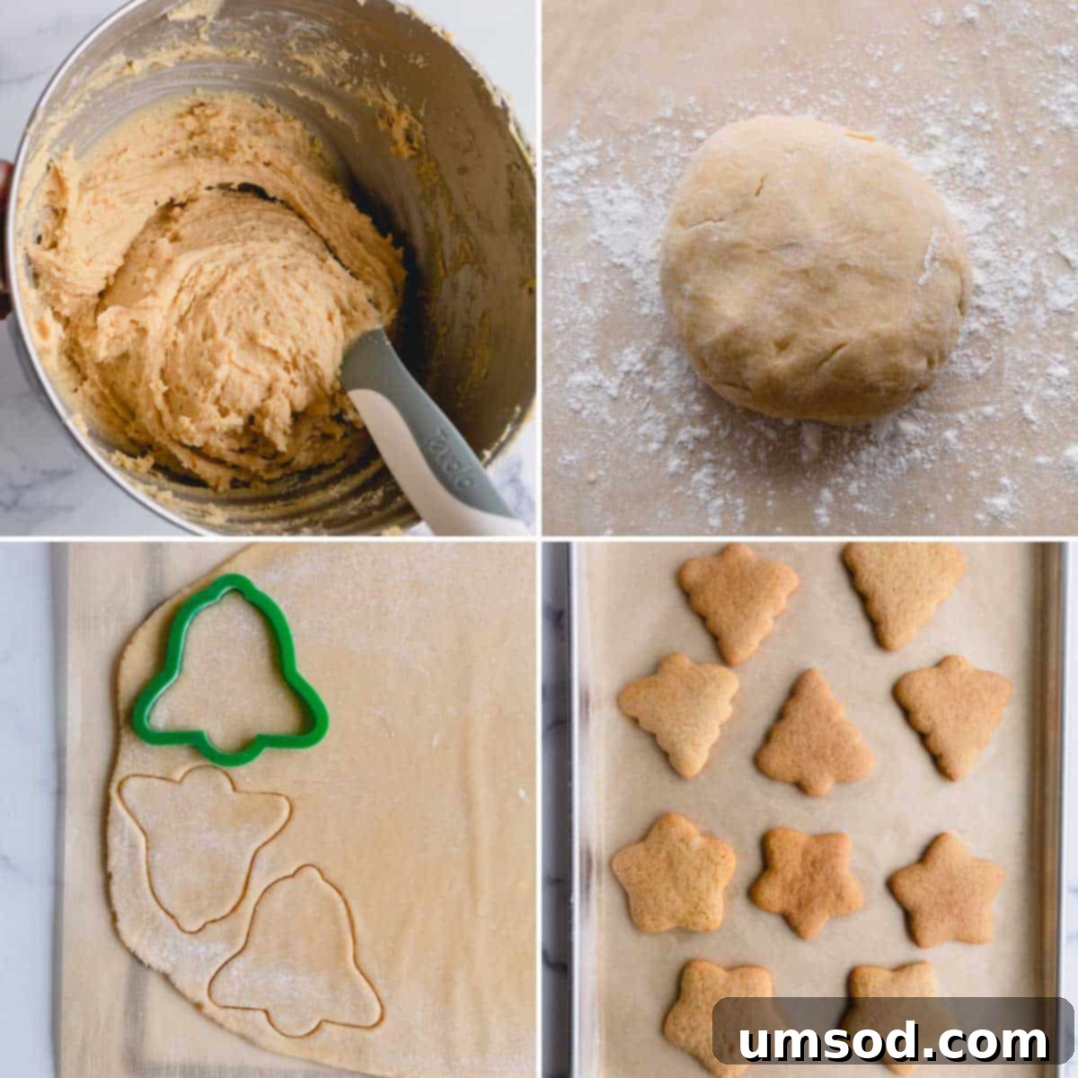 From a bowl of soft cookie dough to a variety of Christmas-shaped cookies cooling on a rack, ready for the next step.