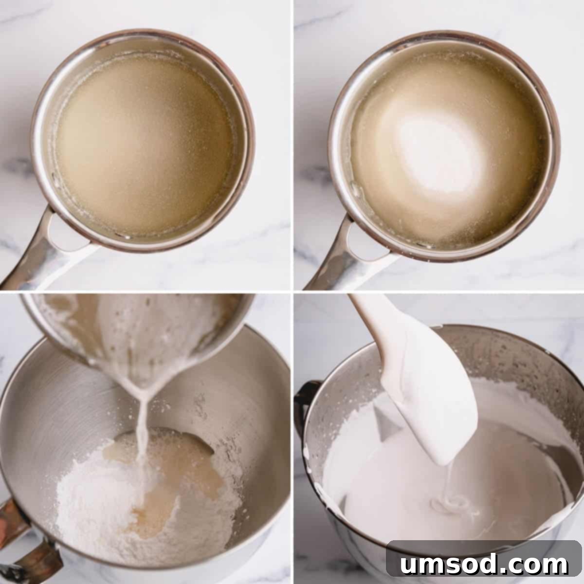 The methodical process of making boiled icing, from a simmering sugar syrup to a light, whipped frosting ready for application.