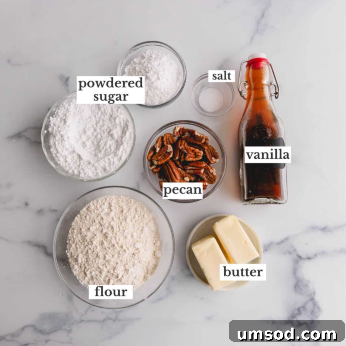 A collection of key ingredients for making Russian Tea Cakes, including pecan halves, a stick of butter, powdered sugar, vanilla extract, flour, and salt, artfully arranged on a counter.
