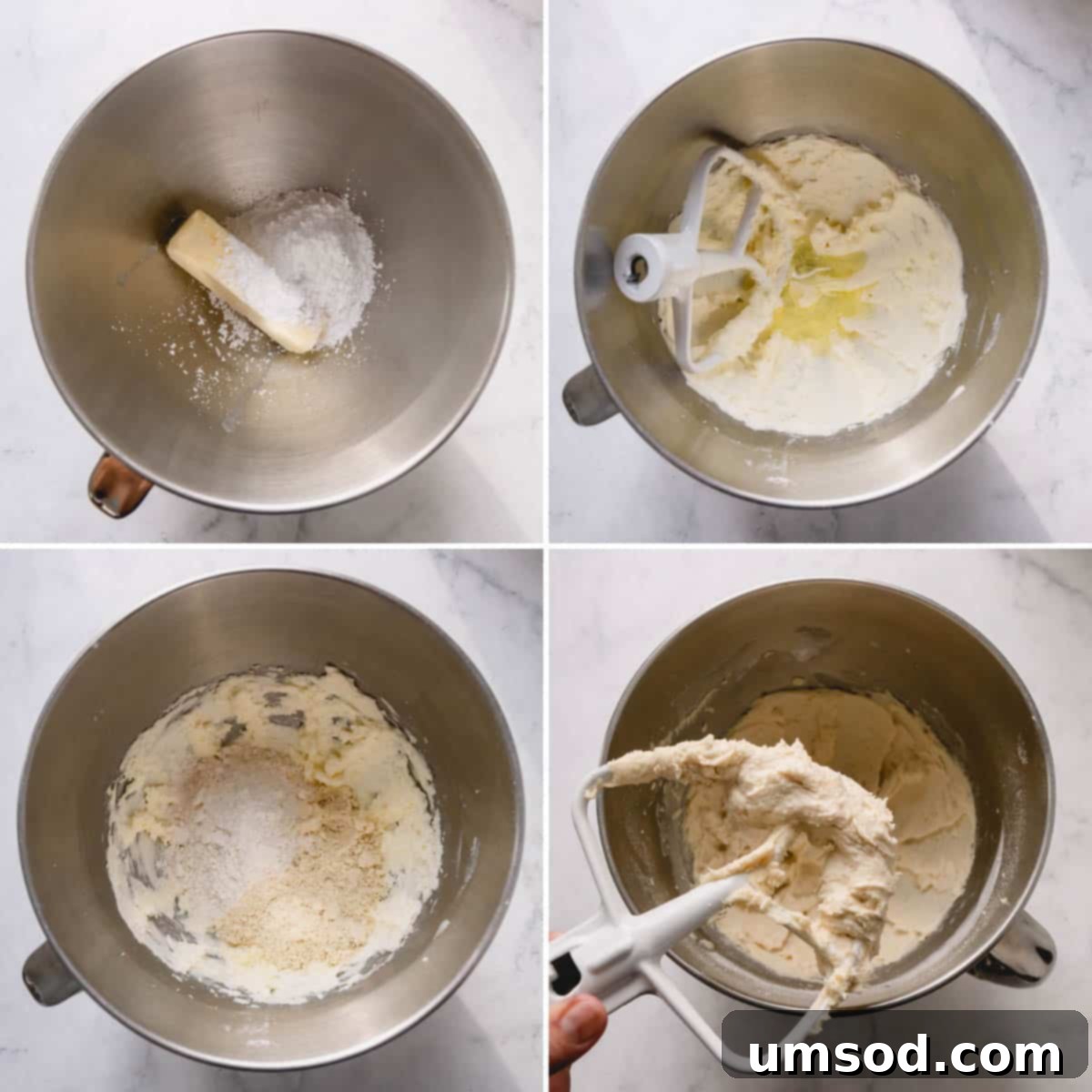 Close-up of cookie dough being mixed in a stand mixer, showcasing its soft and uniform texture.