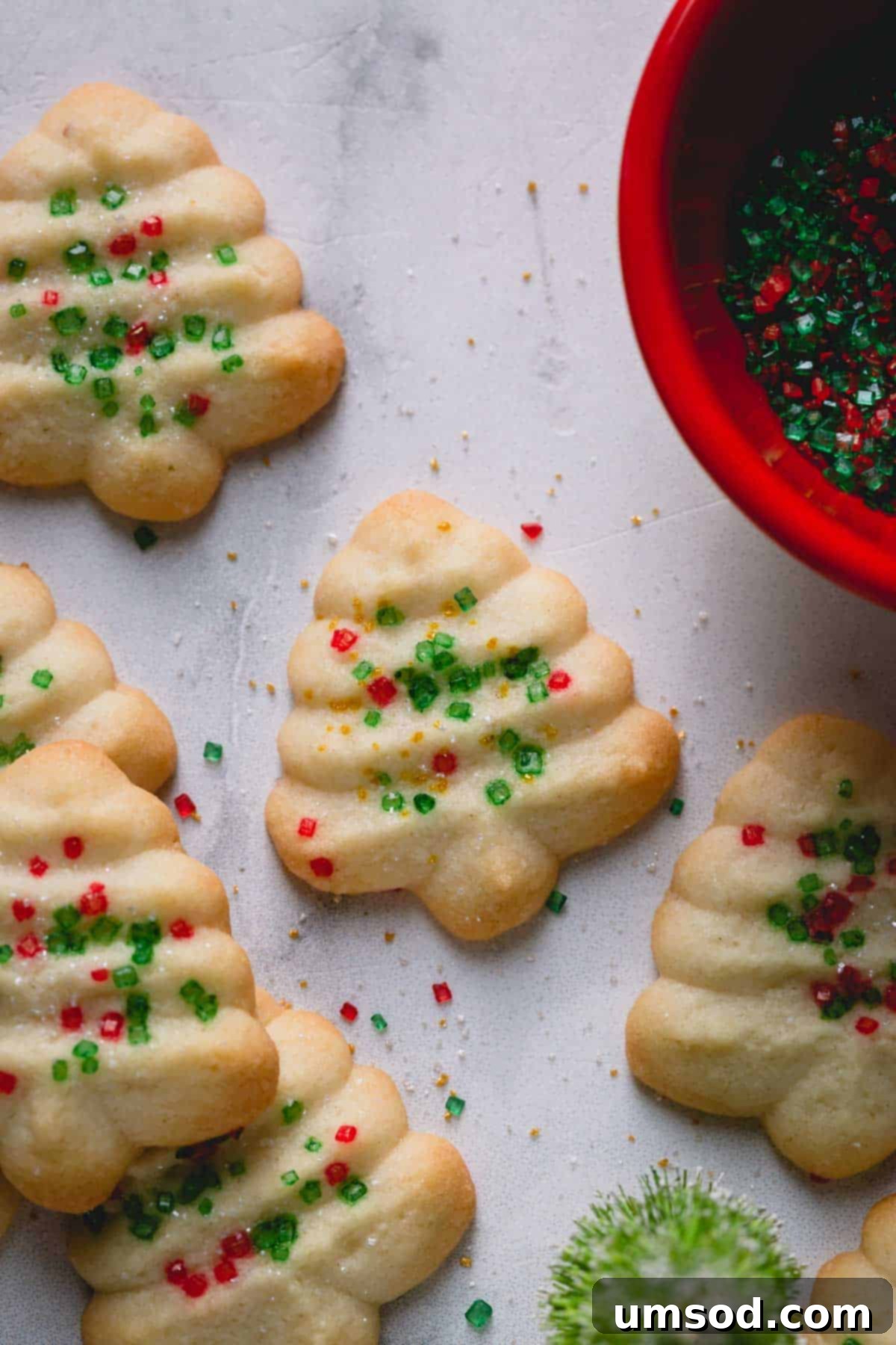 A collection of various Christmas tree shaped butter cookies, adorned with festive sprinkles.