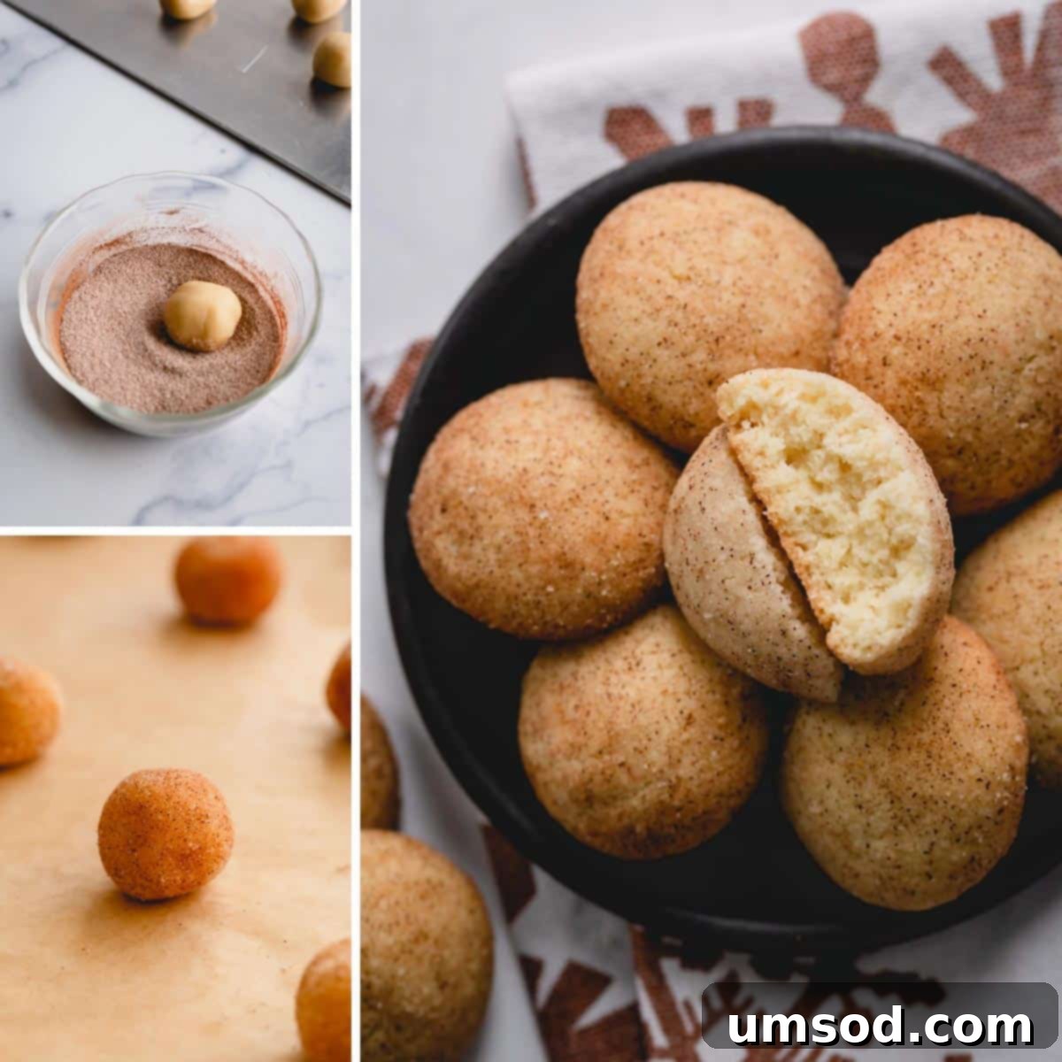 Tek Hamurdan 6dan Fazla Lezzet: Efsanevi Tereyağlı Kurabiye Hamuru 11 Step-by-step photos illustrating the process of making snickerdoodle cookies, from rolling in cinnamon sugar to baking.