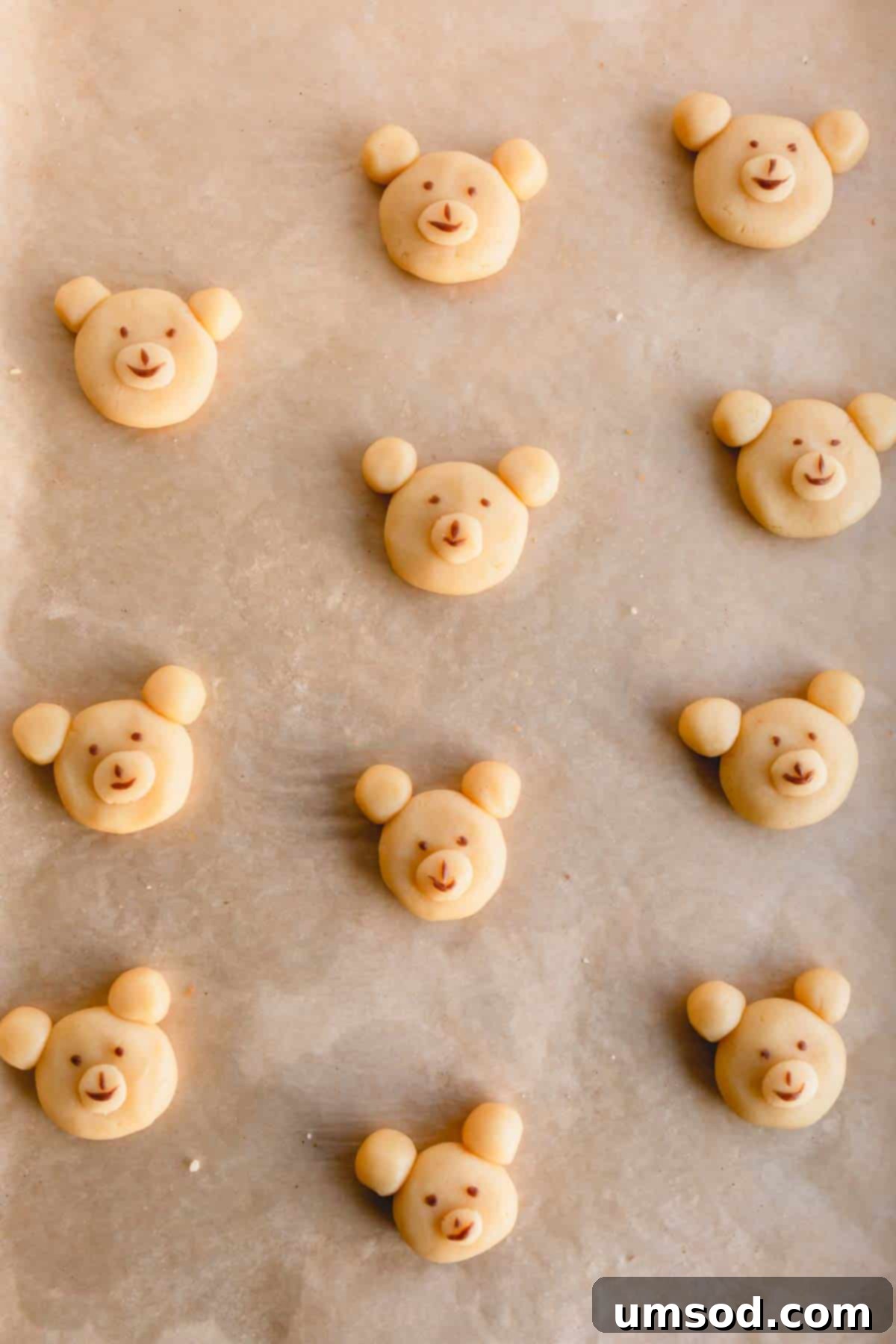 Tek Hamurdan 6dan Fazla Lezzet: Efsanevi Tereyağlı Kurabiye Hamuru 12 Unbaked teddy bear shaped cookies, with distinct heads, snouts, and ears, arranged on a baking sheet before going into the oven.