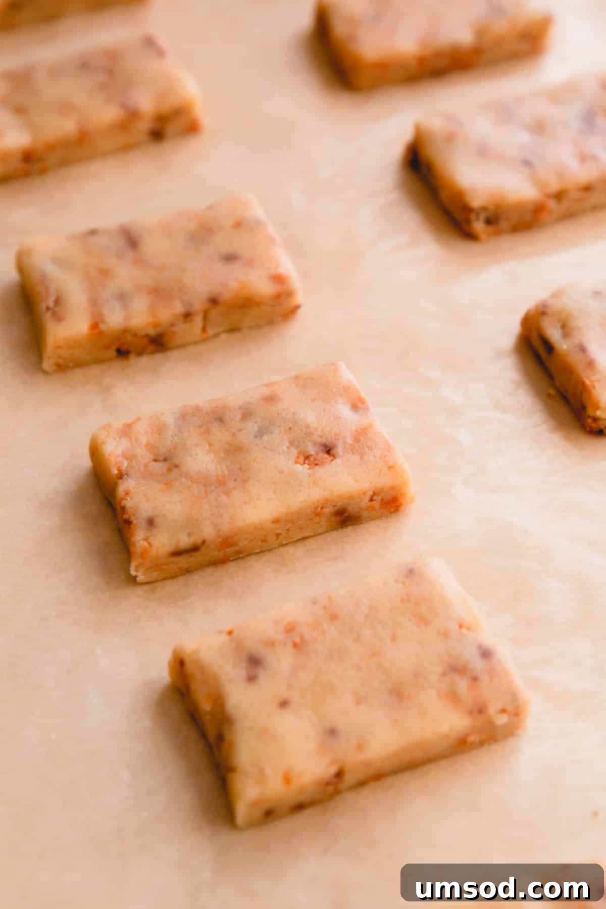 Tek Hamurdan 6dan Fazla Lezzet: Efsanevi Tereyağlı Kurabiye Hamuru 15 Butterfinger cookie dough, neatly cut into rectangular bars and arranged on a parchment-lined baking sheet, awaiting baking.
