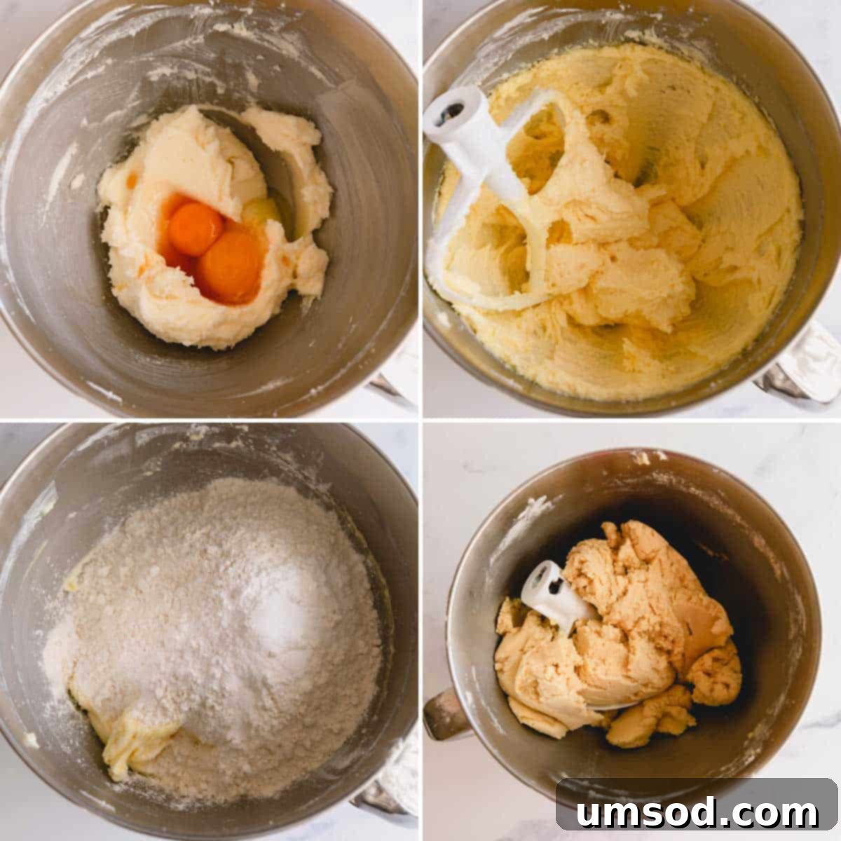 Tek Hamurdan 6dan Fazla Lezzet: Efsanevi Tereyağlı Kurabiye Hamuru 4 A series of step-by-step photos illustrating the process of making the base butter cookie dough in a stand mixer.