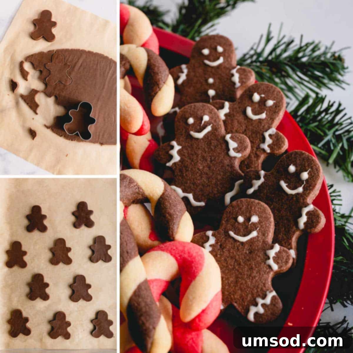 Tek Hamurdan 6dan Fazla Lezzet: Efsanevi Tereyağlı Kurabiye Hamuru 7 Step-by-step photos showcasing the process of making chocolate cutout cookies, featuring gingerbread man shapes.