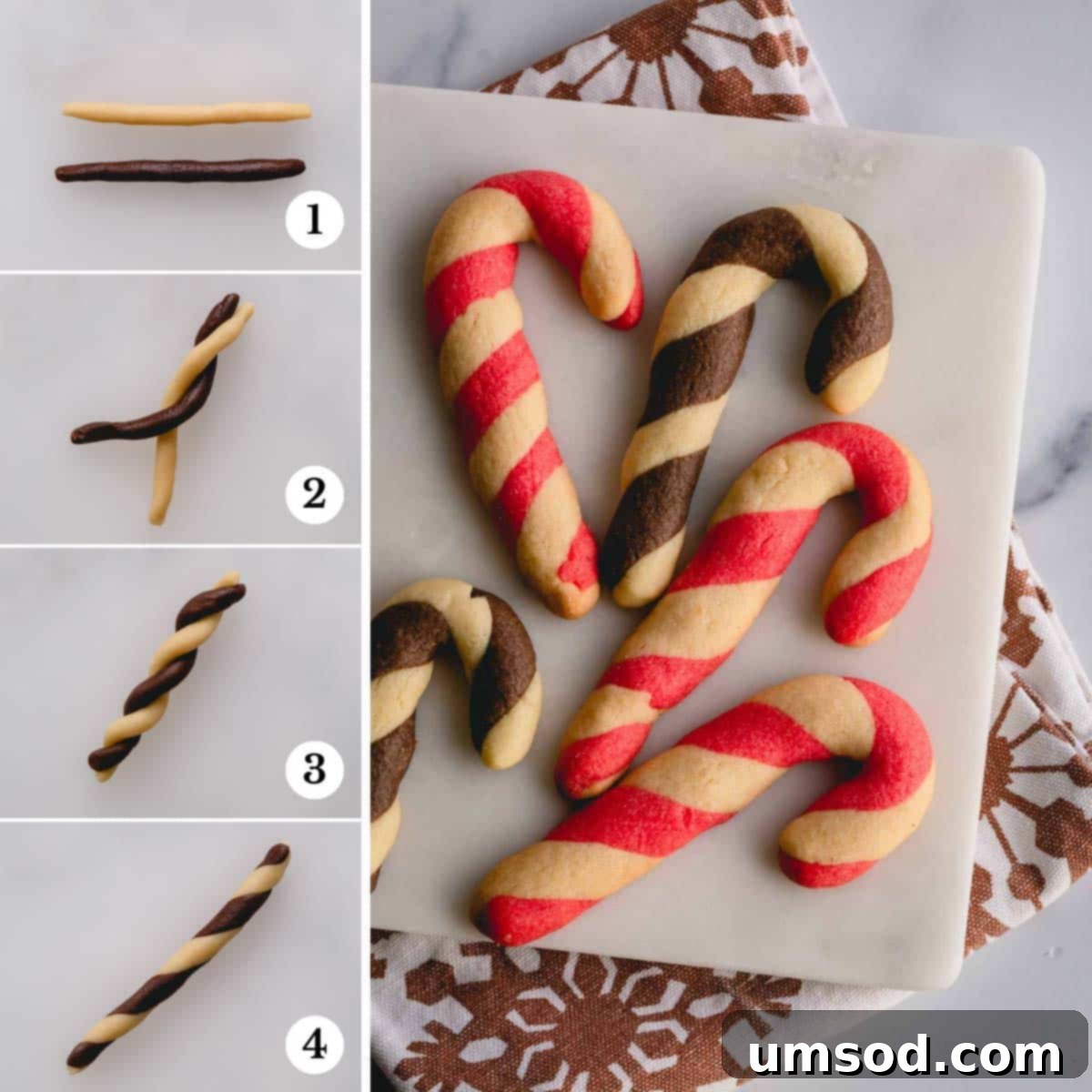 Tek Hamurdan 6dan Fazla Lezzet: Efsanevi Tereyağlı Kurabiye Hamuru 9 Step-by-step photos demonstrating how to create candy cane cookies using both red and white dough, and also white and chocolate dough for variation.