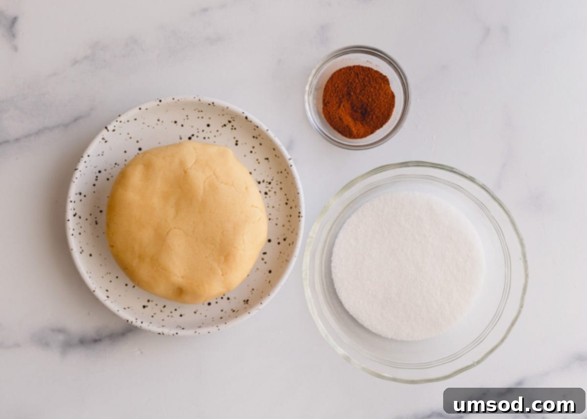 Tek Hamurdan 6dan Fazla Lezzet: Efsanevi Tereyağlı Kurabiye Hamuru 10 A ball of cookie dough next to a bowl of fragrant ground cinnamon and granulated sugar, ready for making snickerdoodle cookies.