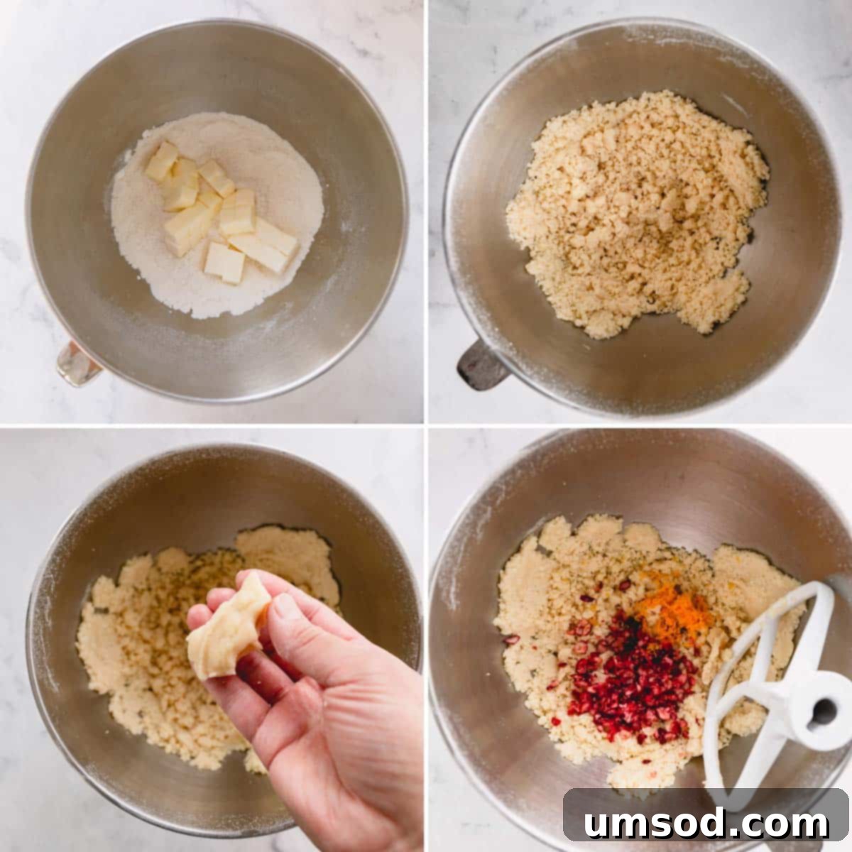 a stand mixer bowl with cookie dough being mixed, showing butter being incorporated into flour.