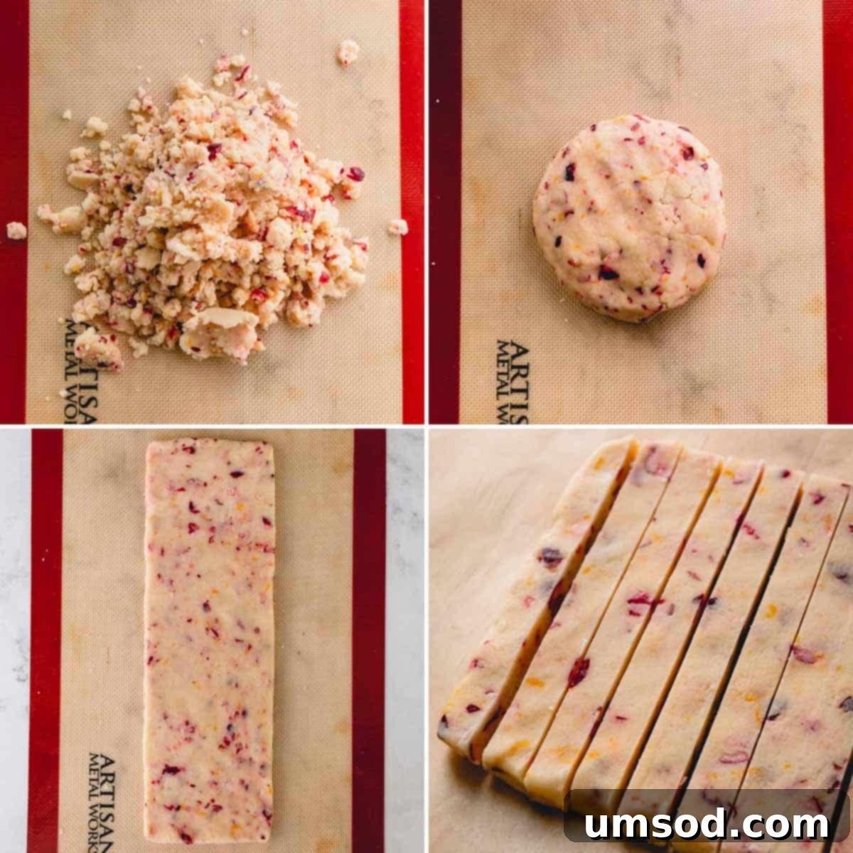 rolled cookie dough cut into neat sticks on a parchment-lined baking sheet, ready for freezing.