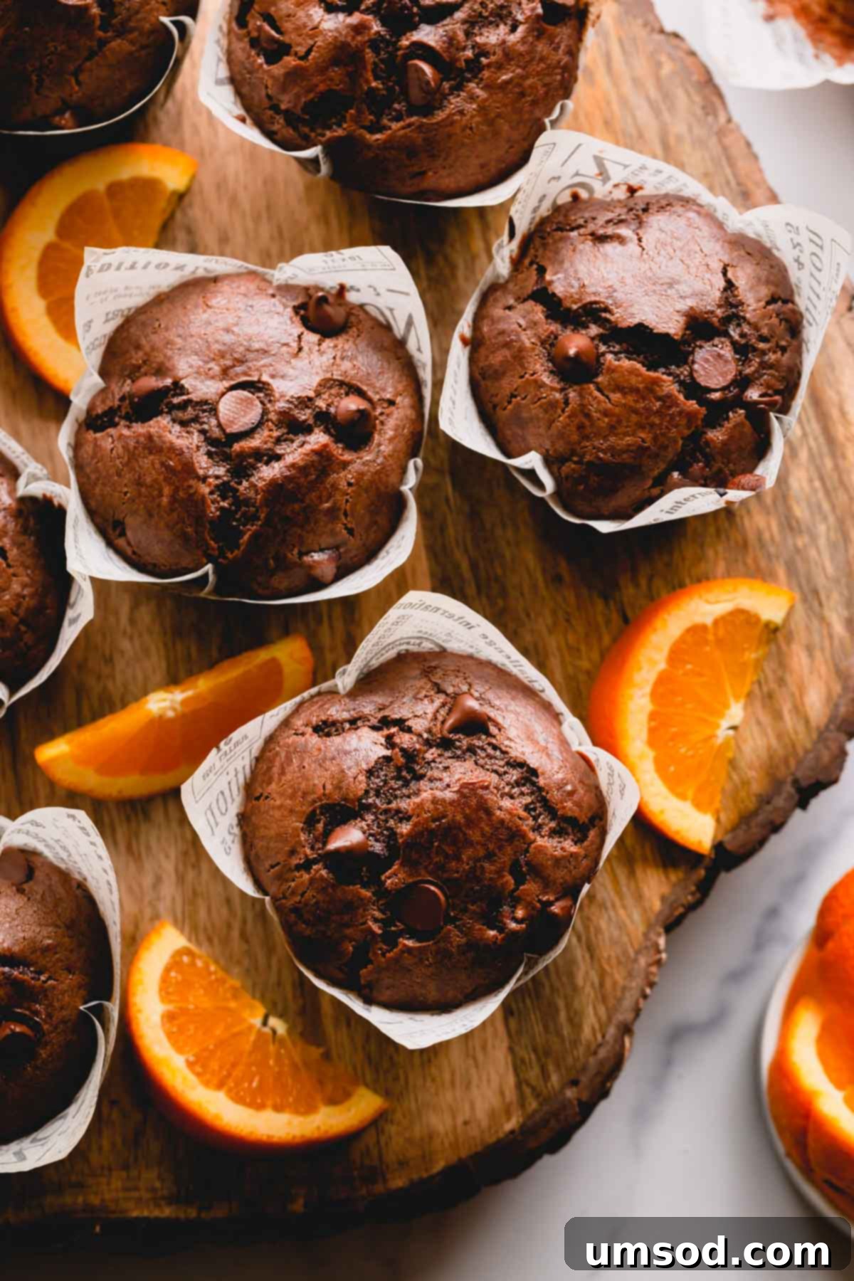 Zesty Orange Chocolate Muffins 3 Close-up of baked chocolate muffins adorned with candied orange slices, highlighting their rich color and inviting appeal.
