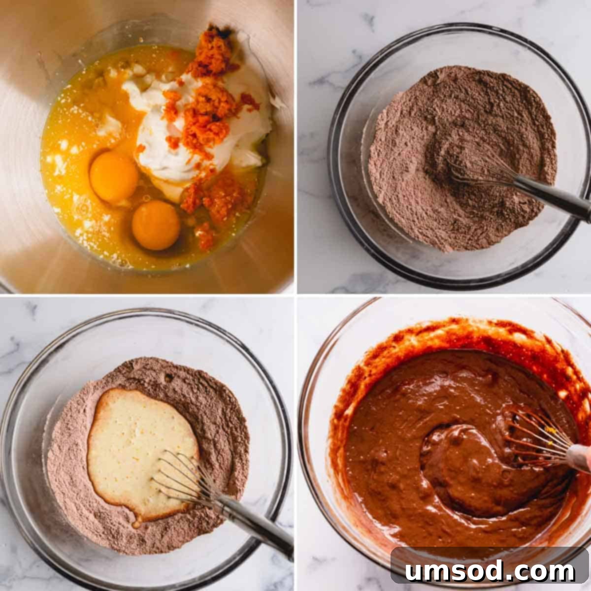 Zesty Orange Chocolate Muffins 5 A bowl filled with freshly prepared chocolate muffin batter, ready for baking, highlighting its rich texture.