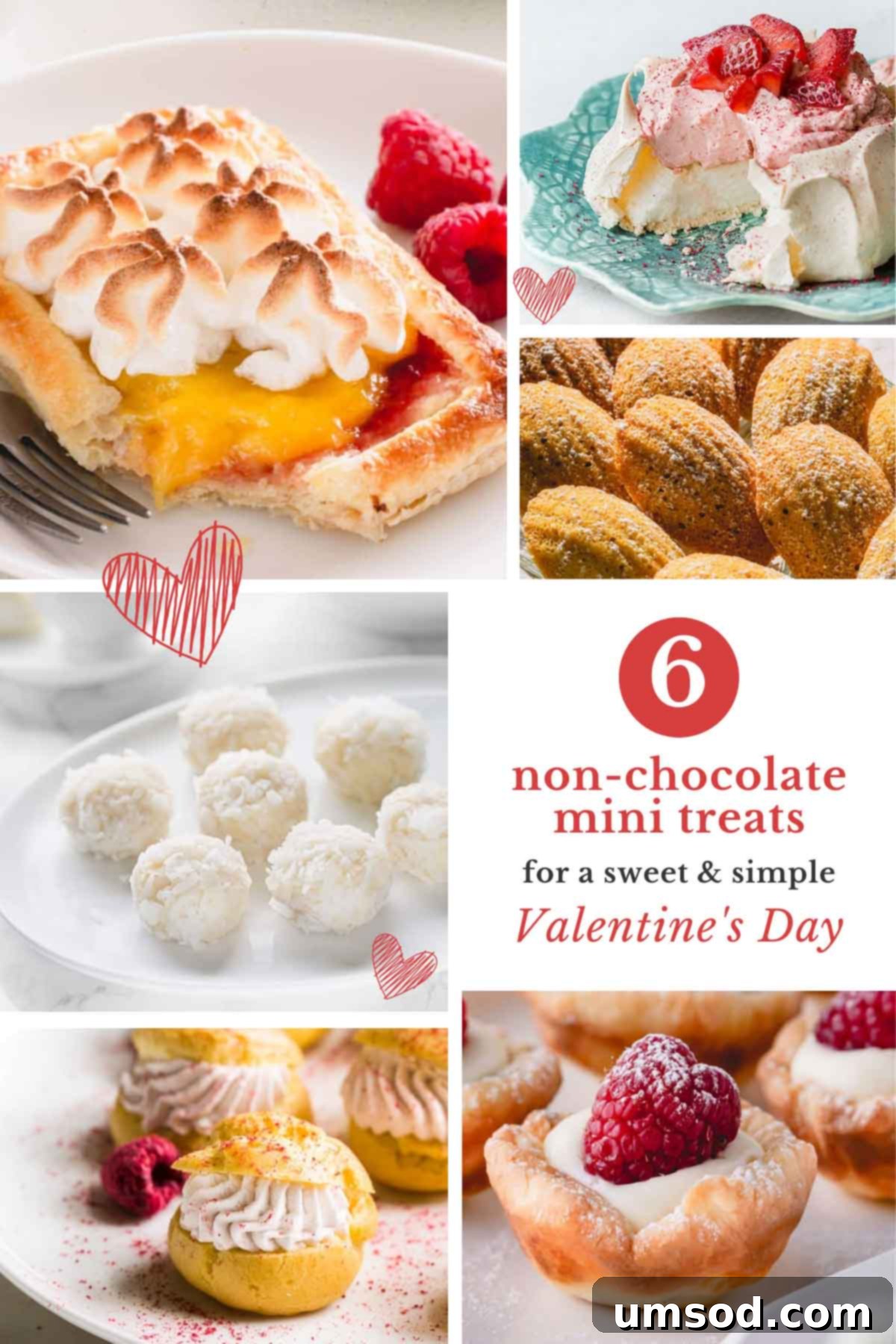 Romantic Valentine's Day Sweets Beyond Chocolate 2 Collage of 6 non-chocolate dessert images including raspberry lemon meringue tartlets, mini strawberry pavlovas, earl grey madeleines, raspberry cream puffs, and coconut almond balls.