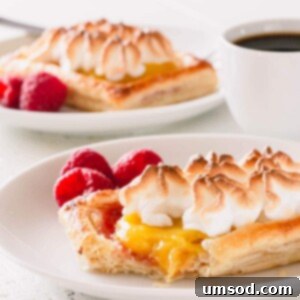 Romantic Valentine's Day Sweets Beyond Chocolate 3 A raspberry lemon meringue tartlet on a white plate with a bite cut of off.