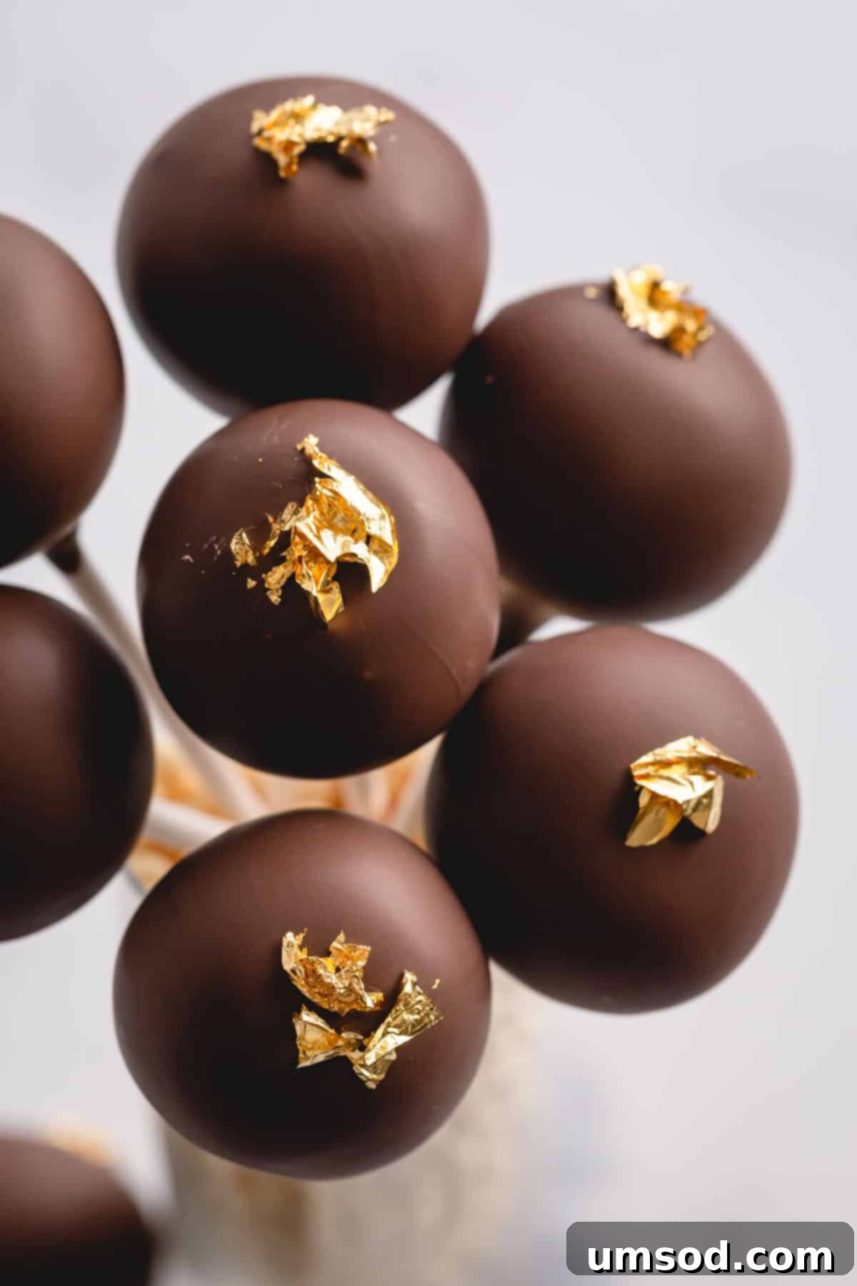 chocolate cake pops with gold luster for an elegant touch.