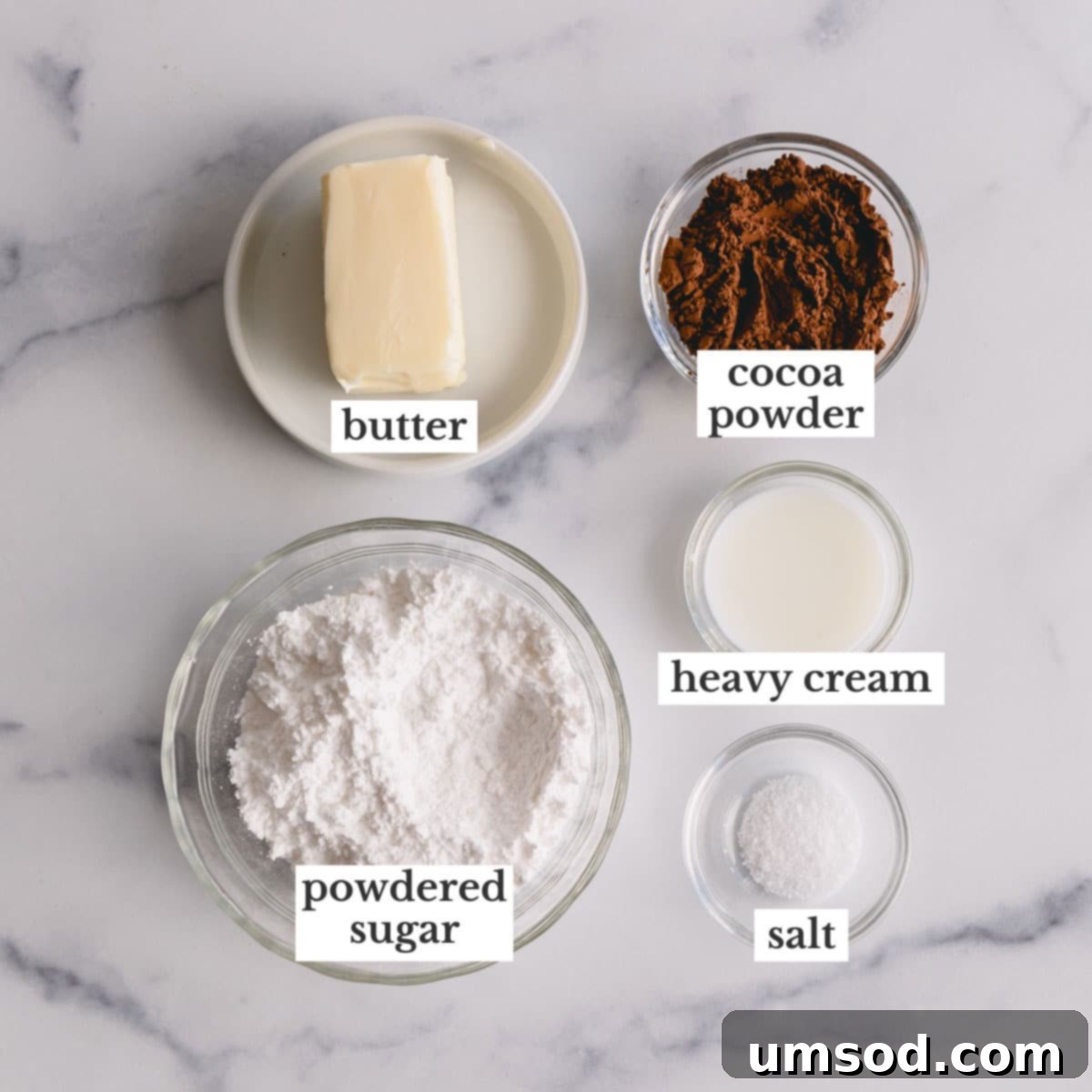 chocolate frosting ingredients, including butter, powdered sugar, and cocoa powder.