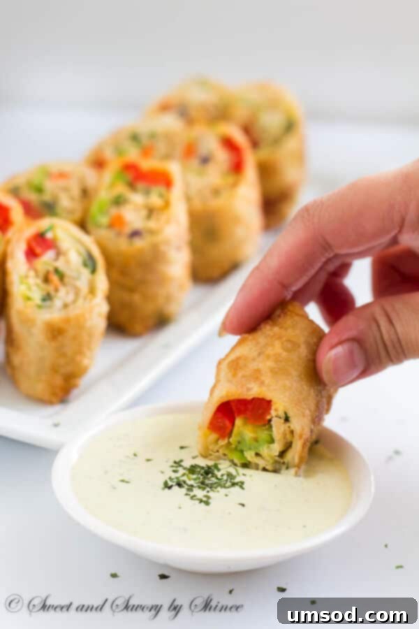 Close-up of a perfectly fried chicken avocado egg roll, showing its golden texture and inviting appearance.