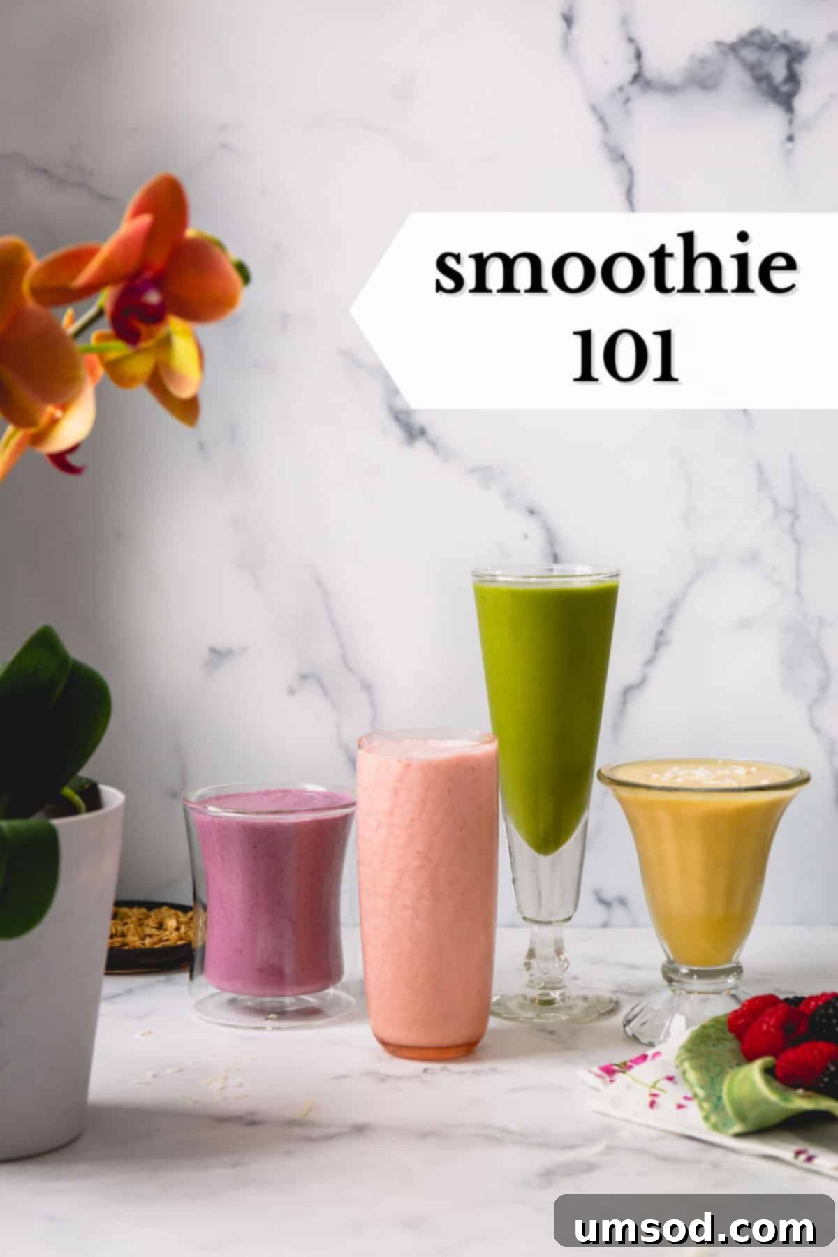 Assortment of vibrant smoothies on a counter, showcasing fresh, healthy ingredients.