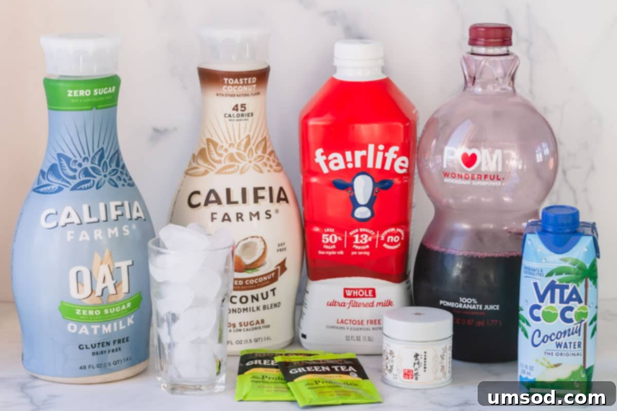 Variety of liquids including oat milk, coconut milk, pomegranate juice, coconut water, regular milk, and tea bags.