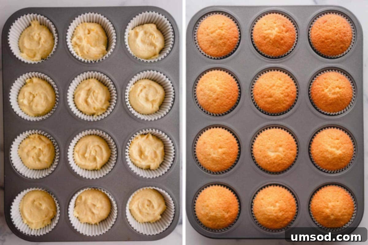 Side-by-side images of cupcake batter divided into a muffin pan.