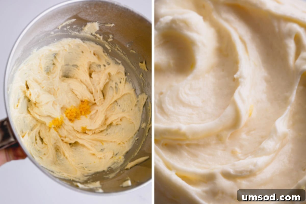 bowl with butter and lemon zest, bowl of cream cheese frosting.