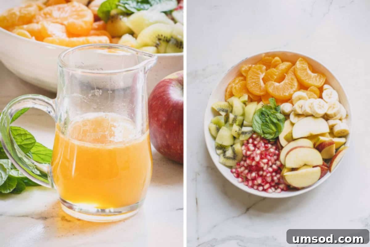 Fresh Fruit Medley 4 A small jar containing honey-lime dressing next to a bowl filled with prepped fruit.