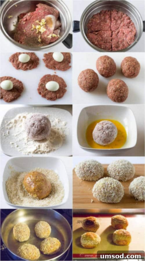 Step-by-step instructions displayed visually, demonstrating the detailed process of making Scotch eggs from start to finish.