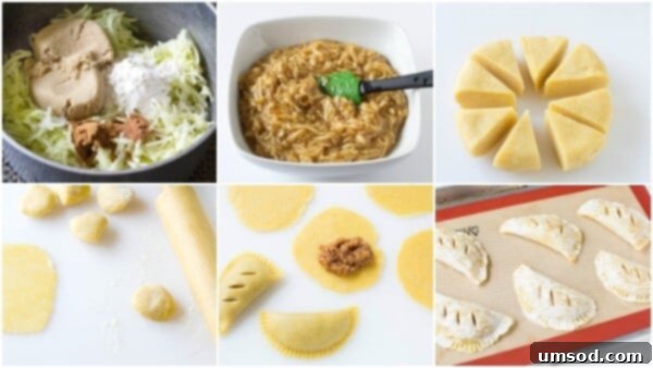 Flaky Apple Hand Pies 4 Four sequential images showing the process of mixing ingredients, cooking apples, rolling dough, and assembling apple turnovers.