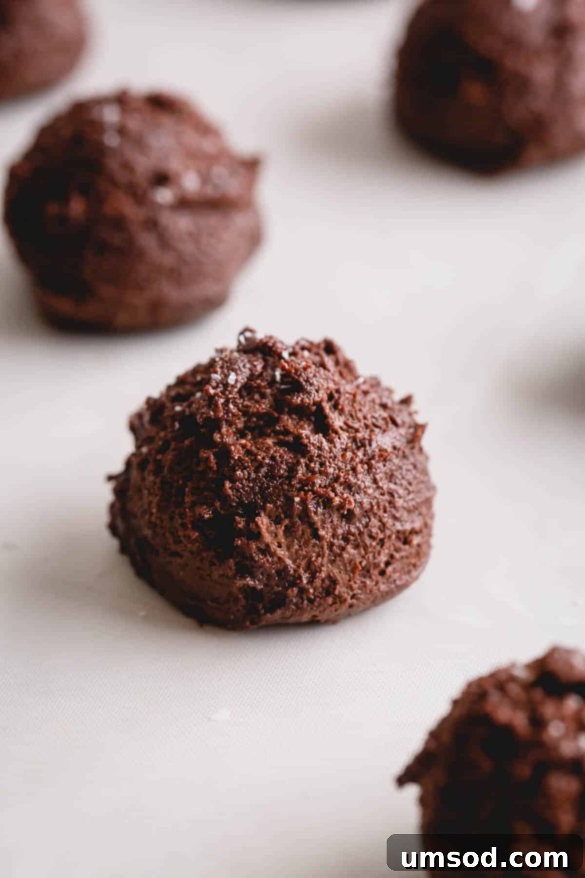 Simple Fudgy Brownie Cookies 11 A perfectly formed chocolate cookie dough ball on parchment paper.